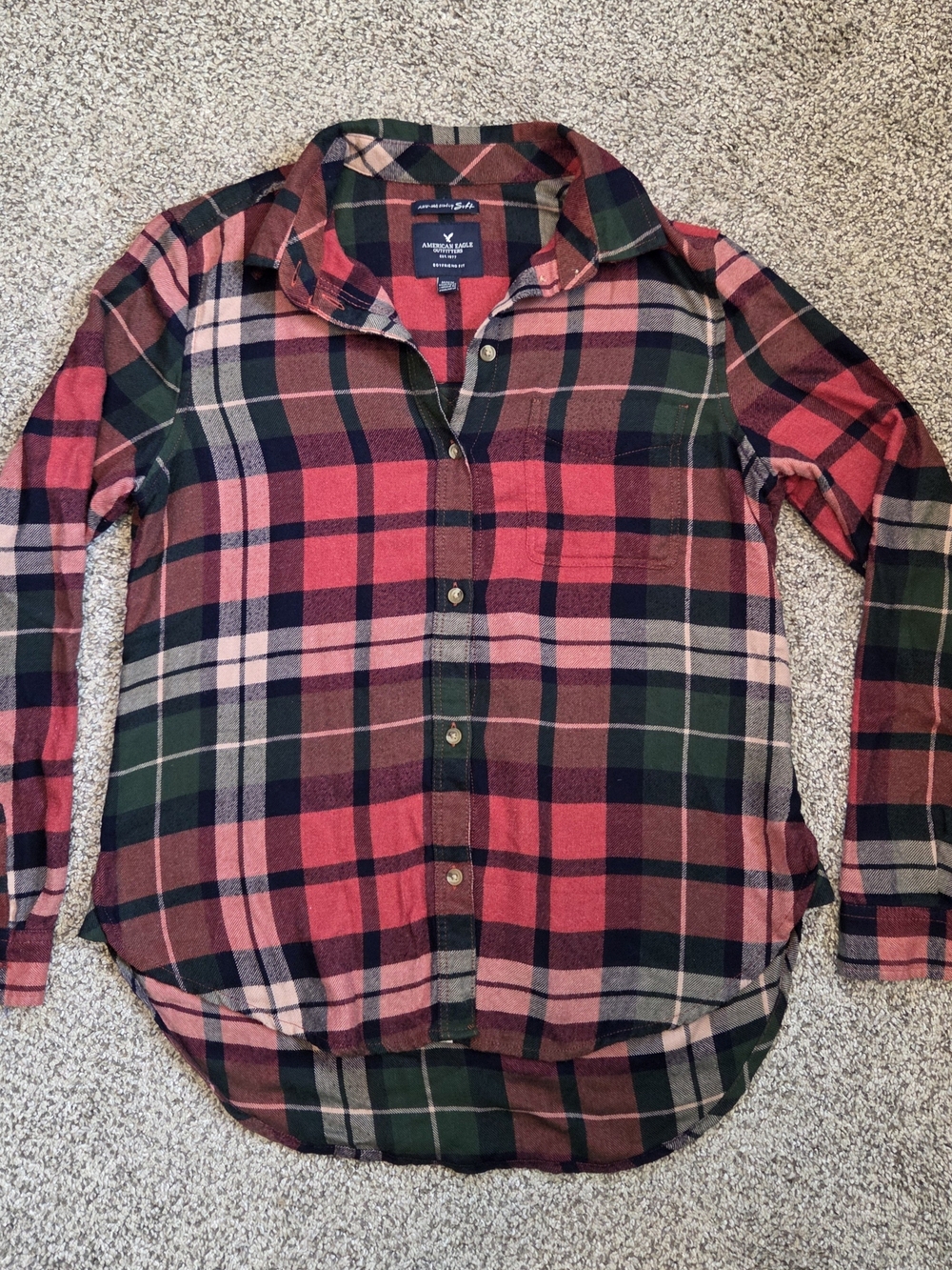 American Eagle Ahh-Mazingly Soft Boyfriend Fit Flannel Plaid Shirt Red Green M